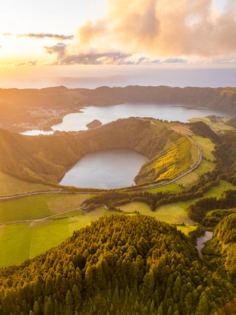 Sete Cidades Massif at Sunset. Blue Lake and Santiago Lake. Forest and Hills. Azores, Sao Miguel...