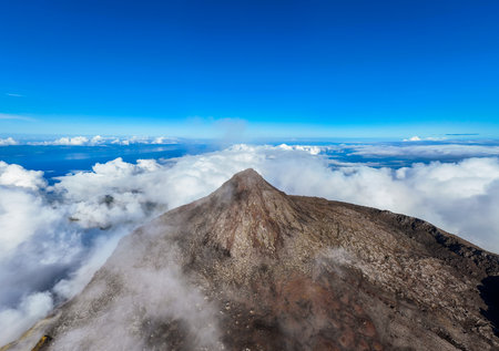 Panorama of Piquinho, Top of Mount Pico Stratovolcano, Crater and Clouds. Atlantic Ocean. Pico...