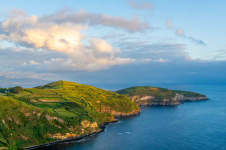 Green Lush Hills with Pasturelands. Atlantic Ocean. Azores, Sao Miguel Island, Portugalの写真素材