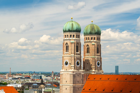 Frauenkirche Church with Twin Towers on Summer Day. Munich Old Town. Bavaria, Germany. View from Tower of Alter Peterの写真素材