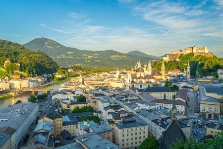 Salzburg Old Town and Hohensalzburg Fortress on Sunny Summer Evening. Salzach River. Austriaの写真素材