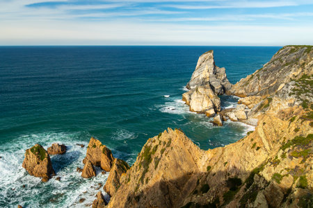 Cabo da Roca, Ursa Beach, Sea Stacks, Cliffs and Atlantic Ocean Waves on Sunny Day. Portugalの写真素材