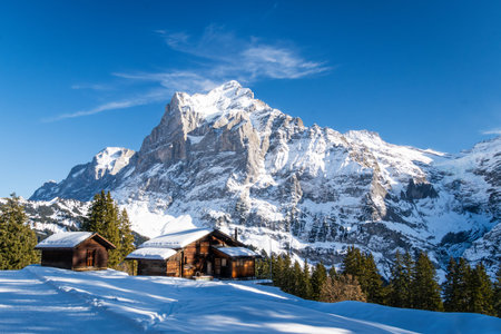 Wetterhorn Mountain and Traditional Wooden Huts on Sunny Winter Day. Swiss Alps. Switzerlandの写真素材