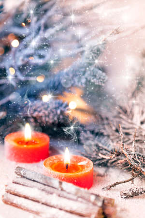 Christmas composition with candle - close upの写真素材