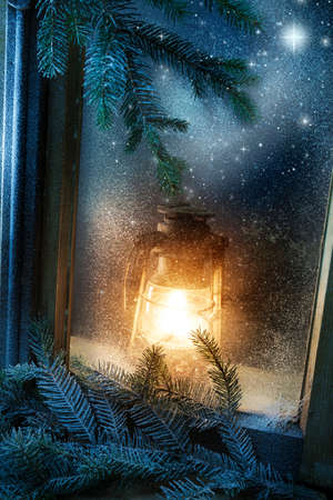 window with old lantern - close upの写真素材