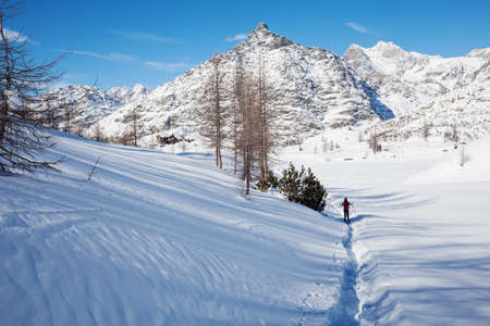 Valmalenco (IT) - snowshoe hike in fresh snowの写真素材