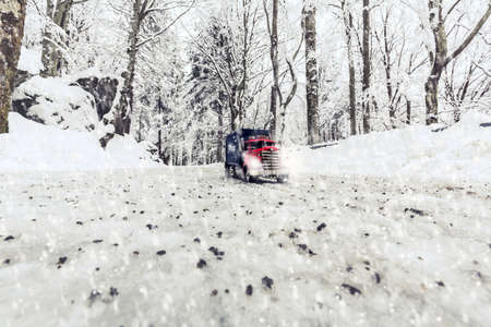 tin truck model set in winter landscapeの写真素材