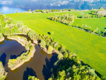 Aerial view of the mouth of the Adda river in Lake Como - Colico - Trivio di Fuentes - Italyの写真素材