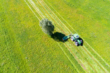 Tractor with tedders - Aerial viewの写真素材