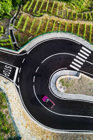 road with hairpin bend in the countryside with vineyardsの写真素材