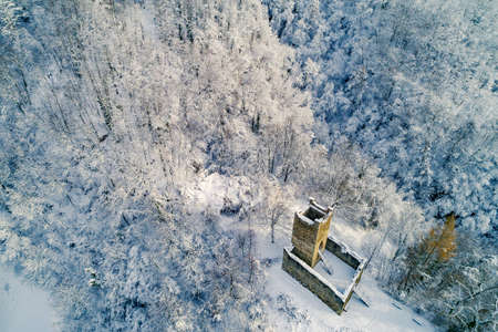 Valtellina (IT), Sondrio, Mancapane Castle, winter aerial viewのeditorial素材