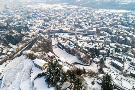 Valtellina (IT), Sondrio, Sant'Anna, Church of S. Bartolomeo, Aerial viewの写真素材
