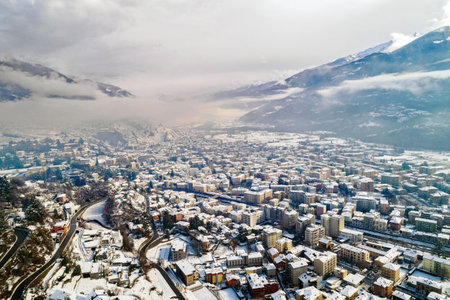 Valtellina (IT), Sondrio, Winter aerial viewの写真素材