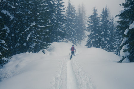 Valmalenco (IT), Snowshoe hike in fresh snow in the pine forestの写真素材