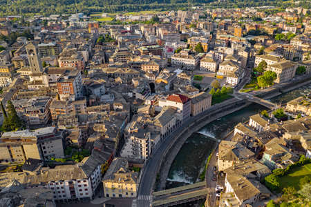 Sondrio, Valtellina (IT), Panoramic view of the city at dawnのeditorial素材