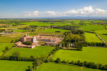 Certosa di Pavia Gra Car (Gratiarum Carthusia, Monastery of Santa Maria delle Grazie, XIV century), Aerial viewの写真素材
