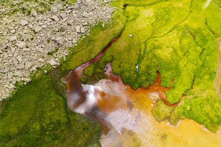 Alpine lake with reflections and transparencies, aerial viewの写真素材