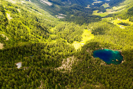 Saoseo lake, Poschiavo valley (CH), aerial viewの写真素材