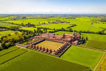 Certosa di Pavia Gra Car (Gratiarum Carthusia, Monastery of Santa Maria delle Grazie, XIV century), Aerial viewのeditorial素材