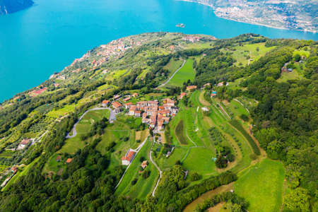 Lake Iseo, Monte Isola, aerial view from Chiesa della Ceriolaの写真素材