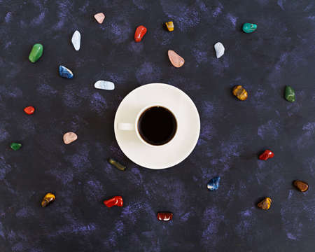 Cup of coffee on dark background. Top viewの写真素材