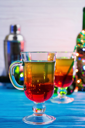 Layered jelly on wooden backgroundの写真素材