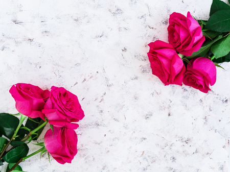 Bouquet of pink roses on dark background. Top viewの写真素材
