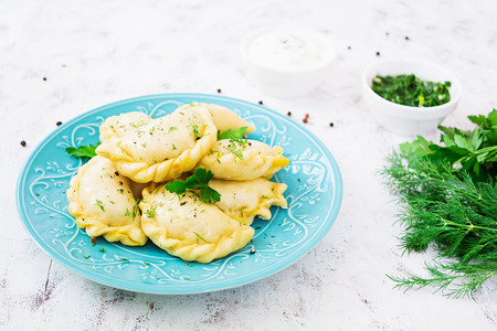 Delicious dumplings with cabbage on white backgroundの写真素材