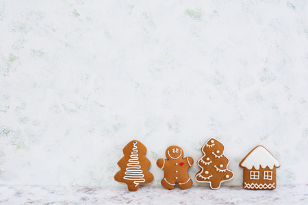 Christmas gingerbread cookies on white backgroundの写真素材