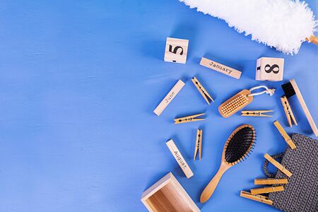 Zero waste bathroom accessories of eco friendly materials, natural sisal brush, wooden comb, pin,...