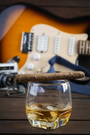 Happy Fathers day. Vintage concept with view of whiskey and cigarの写真素材