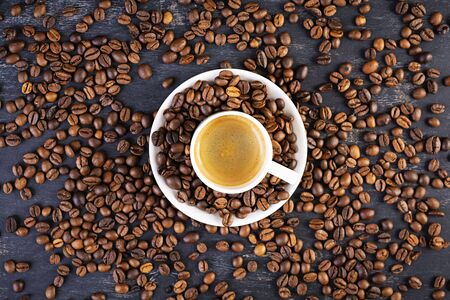 Cup of coffee espresso. Hot drink coffee on dark backgroundの写真素材