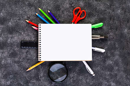 Concept back to school. Different supplies for sketch. School accessories.