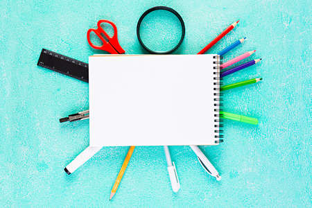 Concept back to school. Different supplies for sketch. School accessories.