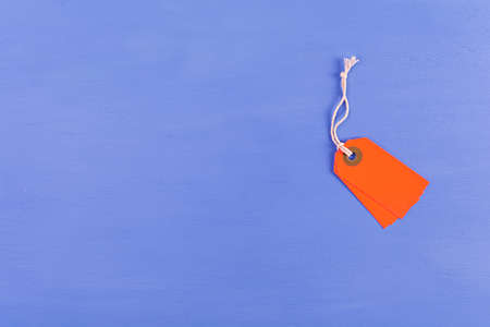 Blank label tag isolated on blue background. Price tag. Sale concept.の写真素材