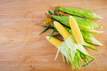 Fresh juicy corn isolated on wooden background. Grain crops conceptの写真素材