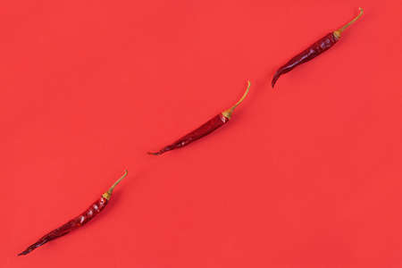 Dried red chili pepper on red background. Texture of isolated chili peppersの写真素材