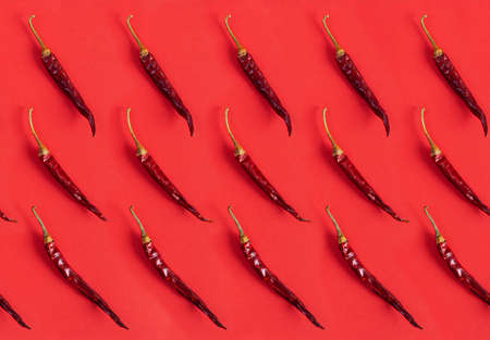Dried red chili pepper on red background. Texture of isolated chili peppersの写真素材