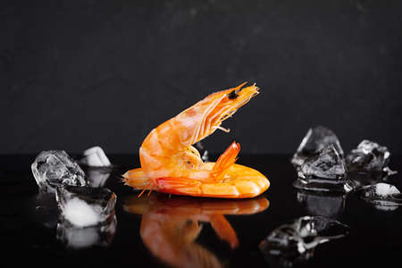 Delicious cooked shrimps isolated on dark background. Boiled prawnsの写真素材