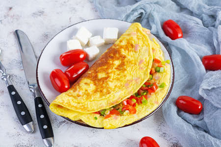 Fried omelette with beef, tomato, onion and herbs. Delicious breakfast with scrambled eggsの写真素材
