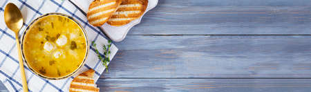 Creamy soup with chicken meatballs. meatball soup in bowlの写真素材