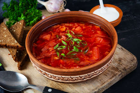 Traditional ukrainian borscht with green onion and sour cream. Delicious beet soup in bowl with rye breadの写真素材