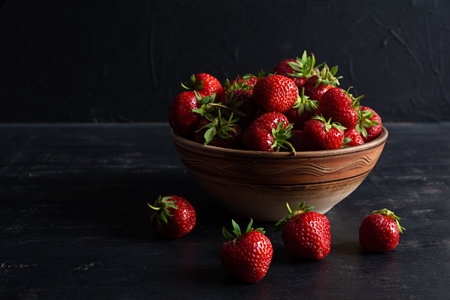 Red ripe strawberry on dark background. Fresh strawberries in bowlの写真素材