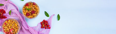 Yogurt with granola and berries. Healthy breakfast. Muesli, oats and yogurt