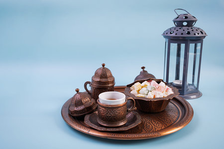 Traditional Turkish tea with dates and lokum for Ramadan Iftarの写真素材