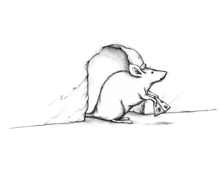 Little Mouse with cheese peeping out of a mouseholeの写真素材