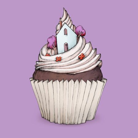 Cupcake with a cottage on topの写真素材