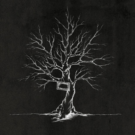 Illustration of a tree without leaves and with a signの写真素材