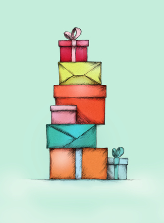 Illustration of a Stack of gift packs in different colorsの写真素材