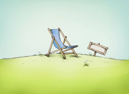 Illustration of a simple lounger on green area with signboardの写真素材